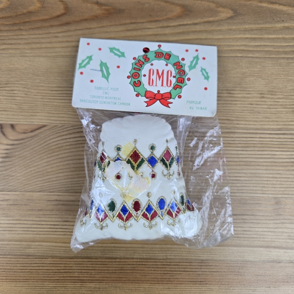 Vintage Cloth Plush Embroidered Christmas Bell Ornament New In Pkg